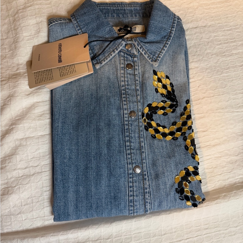 Roberto Cavalli blue Embellished Denim Shirt with Yellow and Black Design